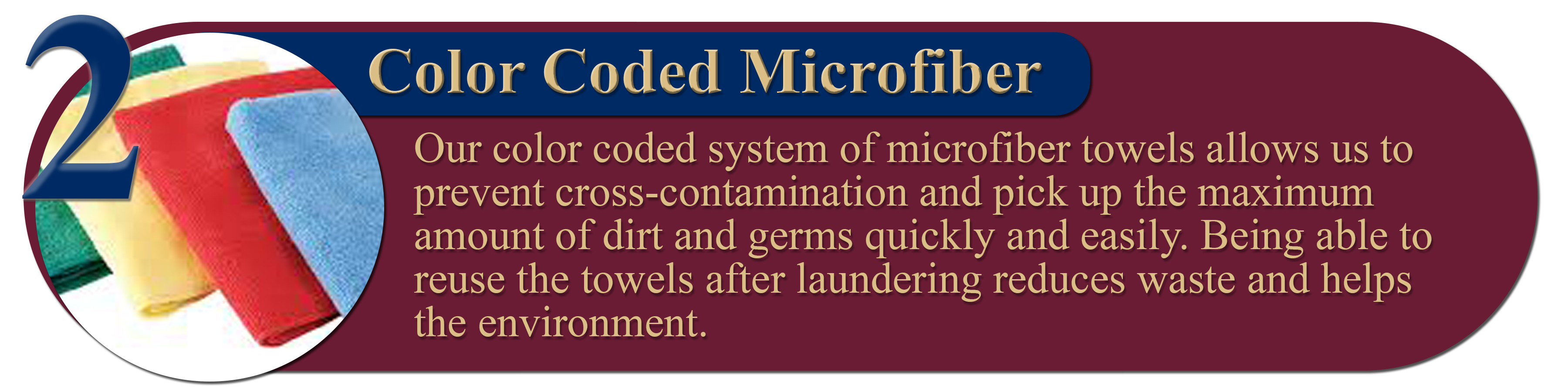 2. Color Coded Microfiber: Our color coded system of microfiber towels allows us to prevent cross-contamination and pick up the maximum amount of dirt and germs quickly and easily. Being able to reuse the towels after laundering reduces waste and helps the environment.