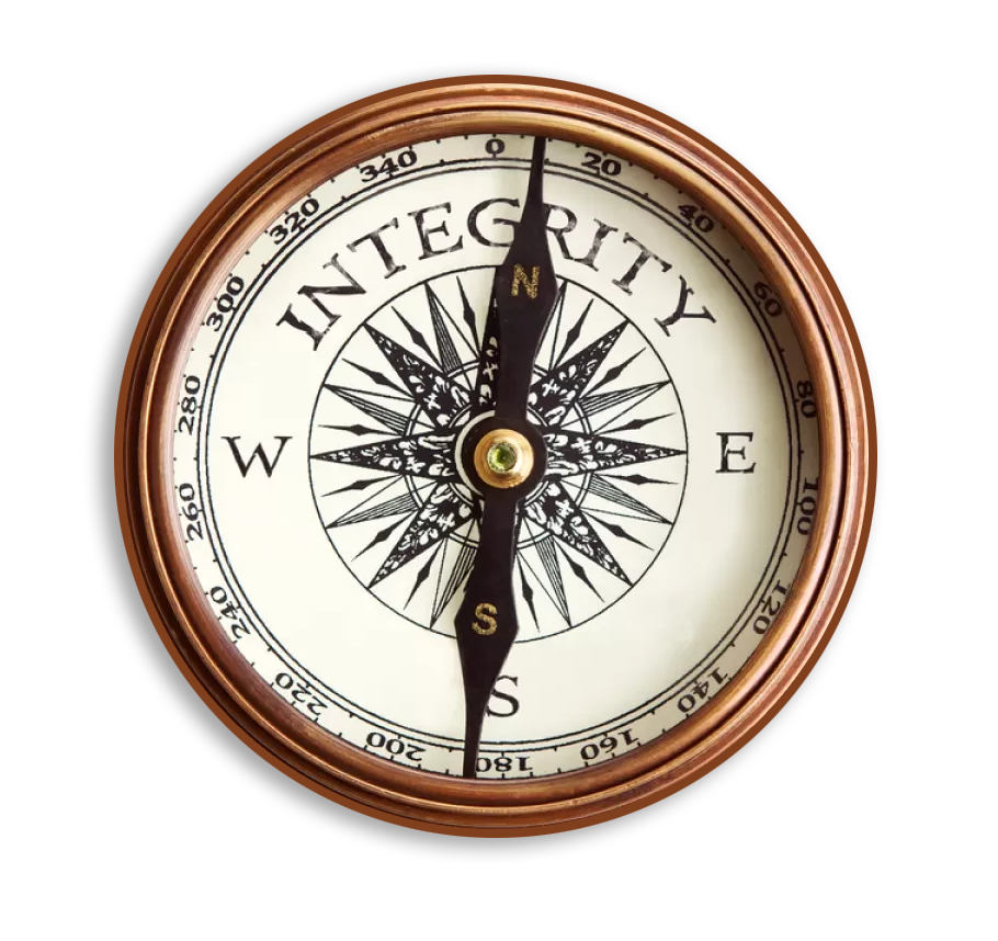 Vintage compass with the word integrity on its face. 